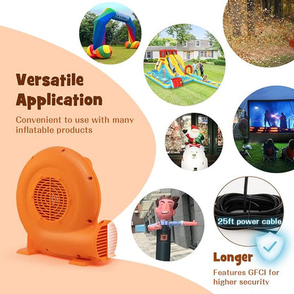 Costzon Air Blower, 0.7HP Blower for Bounce House with 25FT SJTW Wire & Stakes, GFCI Plug, ETL, 550W, Perfect for Inflatable Bouncer Blower Orange, IPX4 Air Blower for Inflatables