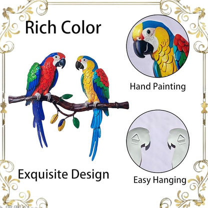 Limygus Colorful Tropical Double Parrot Metal Wall Art, Indoor Outdoor Hanging Decor for Patio Yard Balcony Living Room