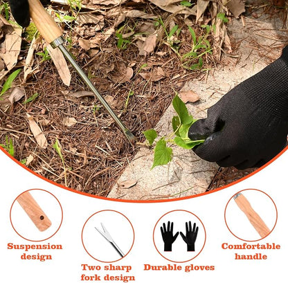 Wooden Handle Dandelion Weeder Tool - Polished Stainless Steel Dual - Forked Head Dandelion Weeder Puller Tool for Planting, Weeding, Flower & Vegetable Care with Nylon Nitrile Coated Gloves