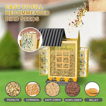 FlowaFoli Bird Feeders for Outdoors Hanging, Metal Bird Feeder with Double Suet Cage Cake, Large Capacity, Birdfeeders Sturdy & Weatherproof, Easy to Clean & Refill, Great for Attracting Wild Birds