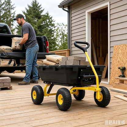 Wheelbarrow Garden Dump Cart Wagon, Yellow | Upgrade 10" All Terrain Pneumatic Tires,DIY Expansion over 900LBS Capacity, Transportation in Yard, Farm, Garden