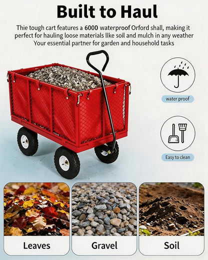 GarveeTech 400LBS Heavy Duty Steel Garden Cart, Garden Wagon Cart on Wheels, Metal Yard Utility Wagon with Removable Mesh Sides, 10" All Terrain Tires, 180° Rotating Handle for Lawn, Garden, Farm