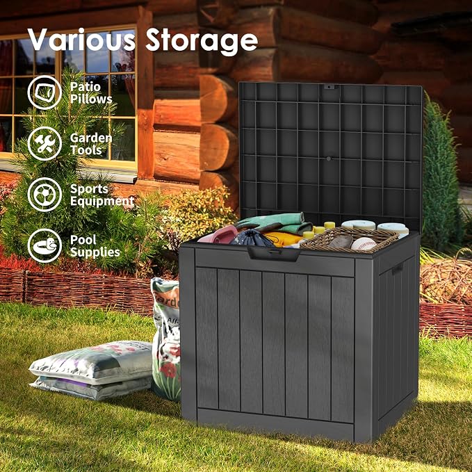 30 Gallon Deck Box, Waterproof Resin Outdoor Storage Box Lockable for Patio Furniture, Fade Resistant Patio Side Table & Organizer for Garden Tools, Pool Floats, Outdoor Cushions, Black