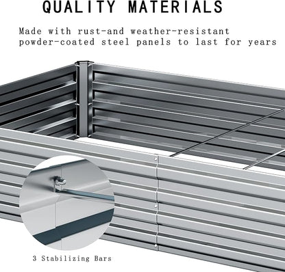 2PCS 8x2x1ft Galvanized Raised Garden Bed Kit,Gardening Planter Box | Outdoor Elevated Metal Planter Box For Vegetables, Flowers, Herbs, Anti-Rust Galvanized Steel, Open Drainage, Sturdy (Silver)