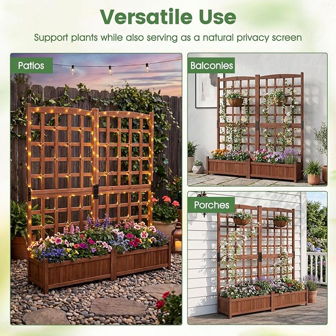 Giantex Wooden Raised Garden Bed with Trellis, Dual Large Planter Boxes for Climbing Plants Vegetables Flowers, Elevated Outdoor Planter w/Drainage Holes & Privacy Screen, Patio Backyard Decoration