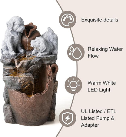 Glitzhome Water Fountain Outdoor, Outdoor Fountain with Lights & Pump, 23.5" H 4-Tiered Dogs and Pot Polyresin Cascading Waterfall Floor Standing Water Feature for Garden, Patio, Yard, Deck