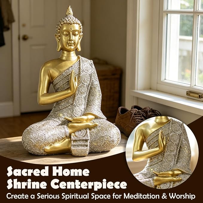 Gold Buddha Statue Gold Decor Meditation Gifts Indoor Statue for Zen Art | YOUERDA; Buddha Statues Yoga Meditation Room Home Decor Indoor, Buddhist Art Zen Sculptures Gifts for Mom