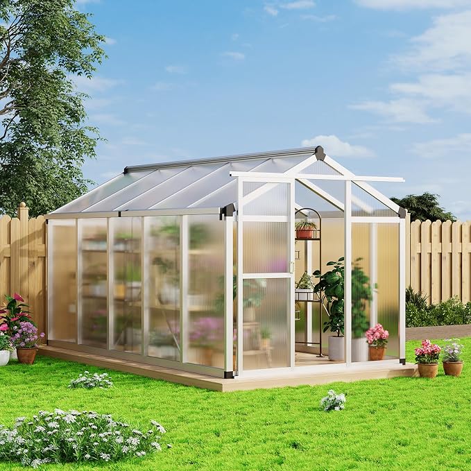 Garvee 6x10 FT Greenhouse - Aluminum Greenhouses for Outdoors | Large Polycarbonate Greenhouse with Roof Vent, Heavy Duty Walk-in Green Houses for Outside Garden, Backyard, Patio, Lawn