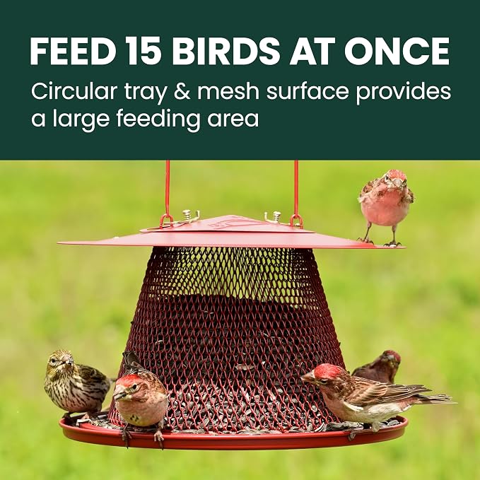Perky-Pet Red Cardinal Wild Bird Feeder, 2.5 lb Seed Capacity | Holds Up to 15 Birds Simultaneously, Metal Hanging Feeder for Outdoors, Mesh Design, Built-In Hook & Circular Tray, C00322