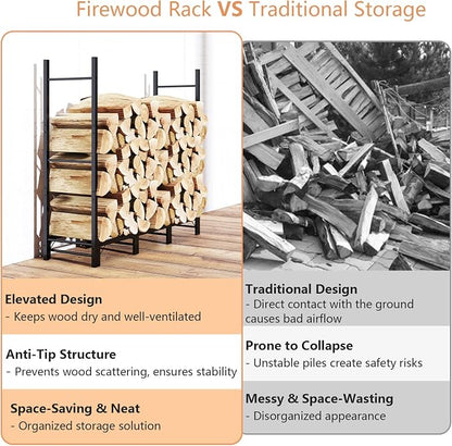 C-Hopetree 4Ft Outdoor Indoor Firewood Rack, Adjustable Metal Log Holder for Fireplace, Heavy Duty Wood Pile Storage Organizer Stacker Stand, Black