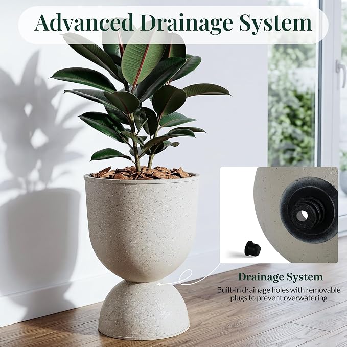 KOL Planters Flower Pots, Plastic Urn Planters for Indoor Outdoor Plants, Beige Pedestal Planter Pots 2 Pack, 18 Inch Tall Decorative Planters with Drainage Holes & Plugs for Front Porch Patio Garden
