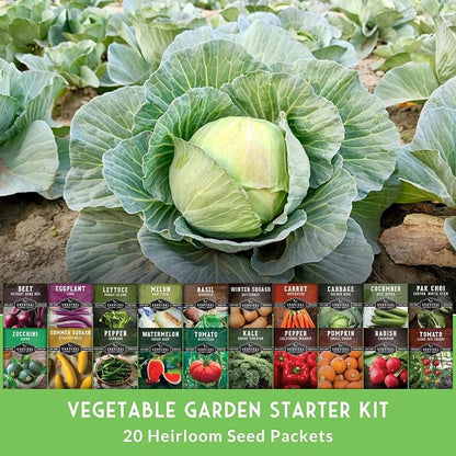 Vegetable Garden Starter Kit for Planting | 20 Heirloom Non-GMO Varieties for Beginner Victory Gardens, Start Growing Indoors or Outdoors - Survival Garden Seeds