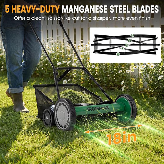 Goplus 18 Inch Push Reel Lawn Mower, 5-Blade Manganese Steel Manual Grass Cutter, 4-Position Adjustable Height, Removable Grass Catcher, Quiet No-Motor Walk-Behind Mower for Yard, Lightweight