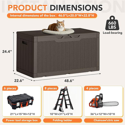105 Gallon Deck Box Outdoor Indoor Waterproof Storage Box for Patio Furniture, Pool Accessories, Garden Tools, and Cushion Storage, Brown