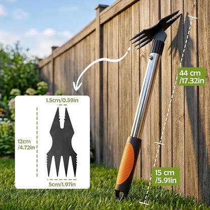 17" Hand Weeding Tool - 2 in 1 Manual Uprooting Weed Puller and Weeding Rake, Heavy Duty Grass Remover Tool, Gardening Weed Pulling Tools for Yard, Lawn, Patio and Garden