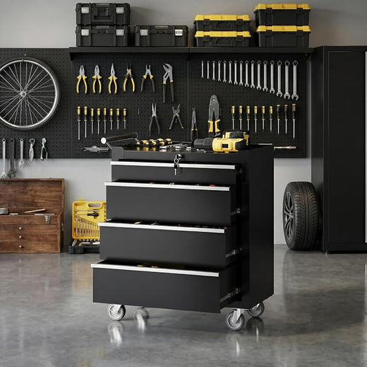 Rolling Tool Chest, 4-Drawer Tool Storage Cabinet, Tool Box with Wheels, Lock System and Drawer Liners, Tool Cart for Warehouse, Workshop and Repair Shop, Black
