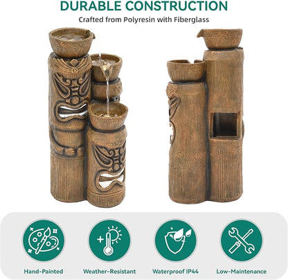 31" H Tiki Statue Outdoor Water Fountain with LED Lights | Unique 3-Tier Tropical Resin Water Feature with Soothing Cascading Waterfall for Patio, Backyard, Garden or Porch