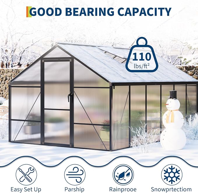 IDEALHOUSE 8×12 FT Greenhouse, Large Walk in Greenhouses for Outdoors and Garden Planting, Polycarbonate Greenhouse with Enhanced Aluminum Frame, Green Houses with Quick Setup Structure and Roof Vent