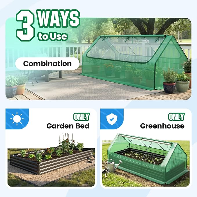 Quictent Raised Garden Bed Galvanized Raised Beds for Gardening Vegetables with Cover 8x4x1 ft Metal Planter Box Outdoor Use (Green)