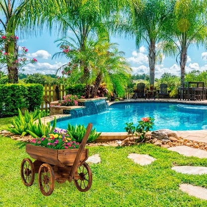 Wood Wagon Planter for Outdoor Balcony Decor - Garden Rustic Wooden Flower Cart with Wheels for Outside - Garden Decor - Amish Decorative Indoor - Wheelbarrow Planter for Patio
