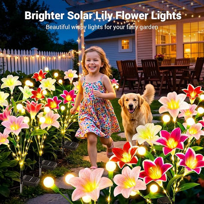WdtPro Upgraded Solar Garden Lights Outdoor: 4 Pack 2-in-1 Solar Firefly Swaying Light with Lily Flower and Glowing Stem, Waterproof Garden Decor for Yard Patio Pathway Lawn, Gardening Gifts for Women
