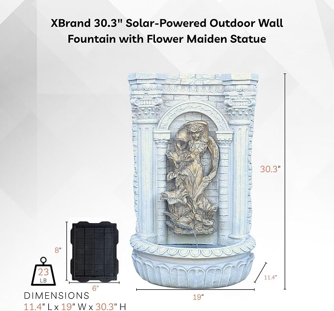 XBrand 30.3" Solar-Powered Wall Fountain with Gold Flower Maiden Statue, Antique Stone Waterfall Design for Garden, Yard Décor & Bird Bath, Polyresin