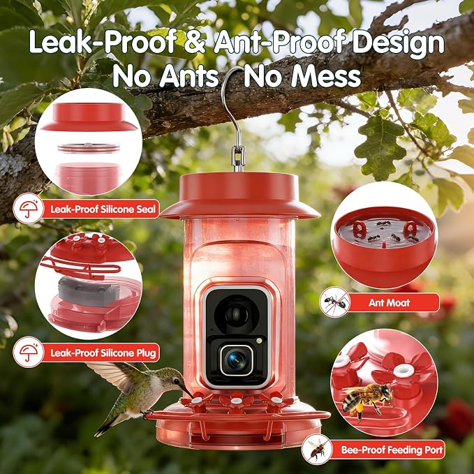 Hummingbird Feeder with Camera, 4K Ultra HD Video at 30fps, 10x Slow-Motion at 120fps,1.9in Closer Focus, No Subscription,Leak Proof, Ant Moat,Solar Powered, 2.4G&5G Wi-Fi,Bird Lover Gift