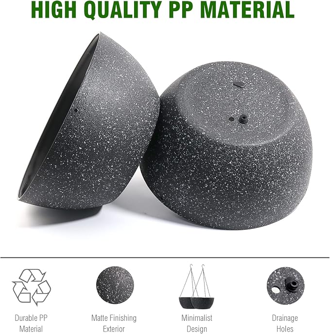 WSMKSZ 10 inch Hanging Planters for Outdoor Indoor Plants with Drainage Holes and Chain, 2 Pack Round Hanging Flower Pots for Garden Home Porch Decor, Speckled Black