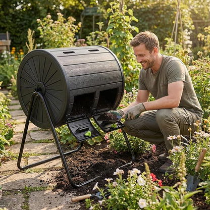 Goplus Compost Tumbler, 37.5 Gallon Large Outdoor Compost Bin w/Dual Chambers, 2 Lockable Doors, Efficient 360° Rotating Batch Composter for Garden Yard Farm Waste, Easy Assembly, BPA-Free (Black)