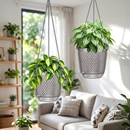 QCQHDU 5.7 Inch 2 Pack Small Hanging Planters for Indoor Outdoor Plants,Self Watering Flower Pots Hanging Basket Plant Hanger with Drainage Holes and 3 Hooks for Window Porch Garden Balcony, (Grey)