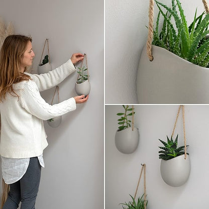 Kazai. Wall Planters -Ellie- | Hanging Ceramic Plant Pots 3 Pieces | Wall Decoration for Indoors, Balcony and Garden | Light Gray (Matte)