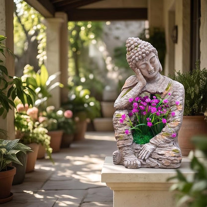 suruim Buddha Statue Outdoor Resin Garden Sculpture with Planting Opening, Zen Statue with Distressed Stone Look, Buddha Decor for Patio Yard Porch Entryway Home Meditation Space Seated Zen Decor