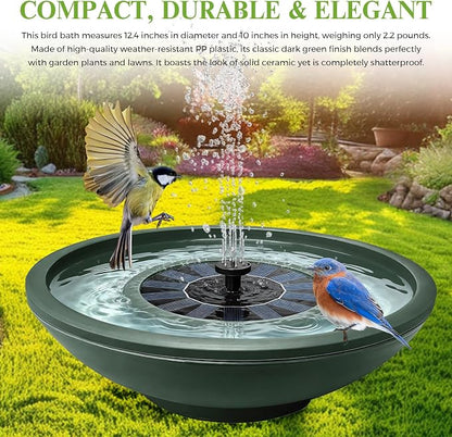 Solar Bird Bath with Fountain,12.4" Dark Green Birdbath for Outdoors,Tool-Free 10s Assembly,6 Spray Nozzles,Lightweight Plastic Water Feature for Garden Decor,Patio Gitf,Hummingbirds