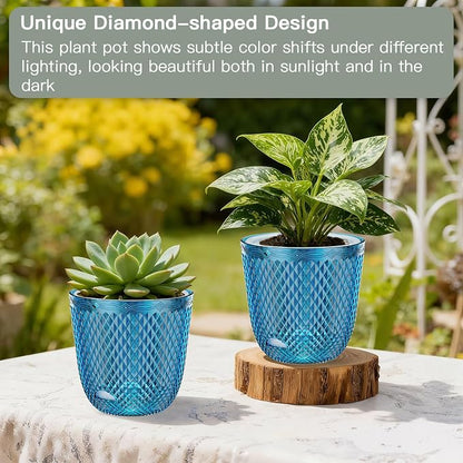 QCQHDU 2 Pack Self Watering Pots, 7.2 Inch, with Drainage Holes, Klein Blue | Plastic Garden Planter with Water Filling Port for Indoor Plants