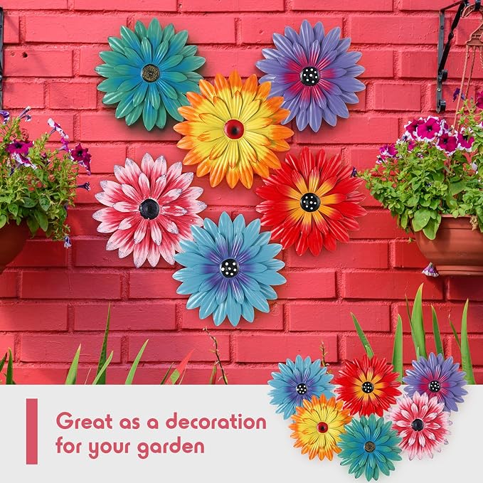 Zhehao 6 Pcs Flower Metal Wall Art Decor 8 Inch Flower Decorations for Indoor Outdoor, Hanging Sunflower Kitchen Decoration Metal Floral for Bathroom,Porch, Garden, Living Room, Yard(Cute Color)