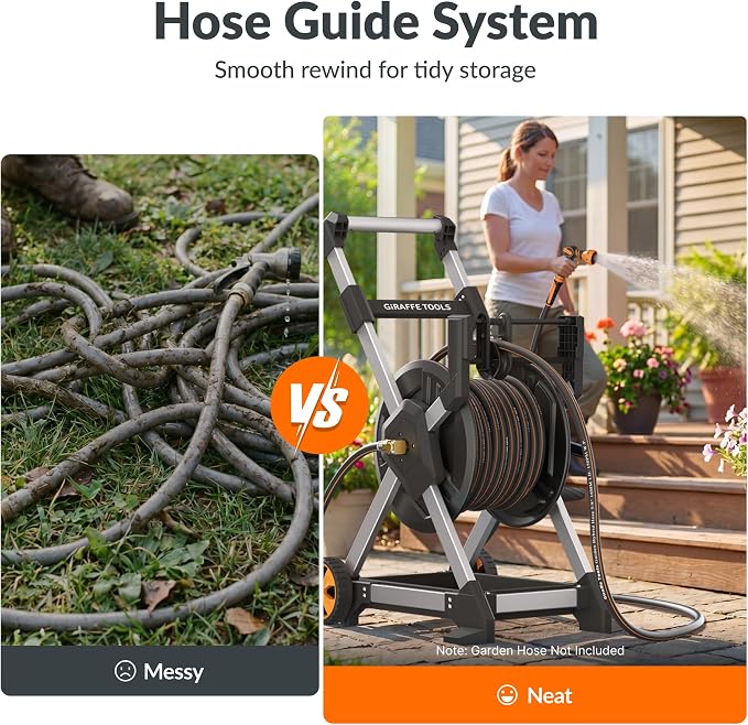 Giraffe Tools Garden Hose Reel Cart, 125FT 5/8" Hose Capacity, Heavy Duty Water Hose Reel with Wheels, 5ft Leader Hose, Retractable Hose Guide with Crank, for Yard Lawn Garage