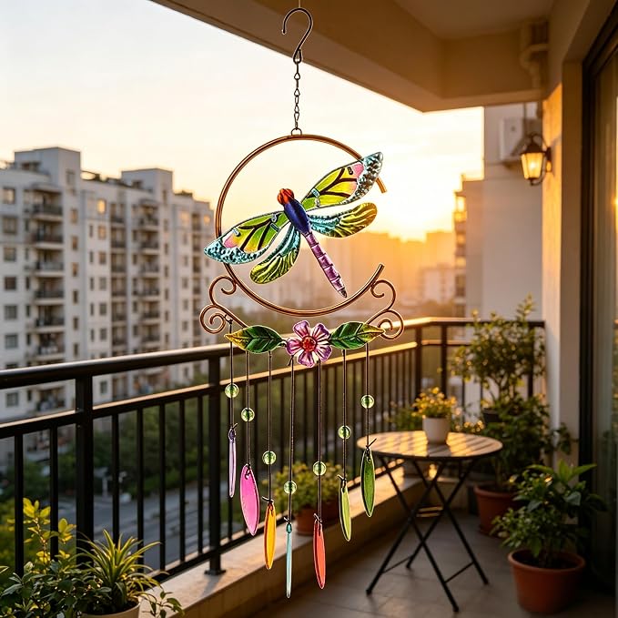 Dragonfly Wind Chimes, Garden Glass Outside Colorful Wind Chimes for Home, Party, Festival Decor, Garden Decoration Valentines Day Gift Indoor/Outdoor,Lifelike Dragonfly Deep Tone Style