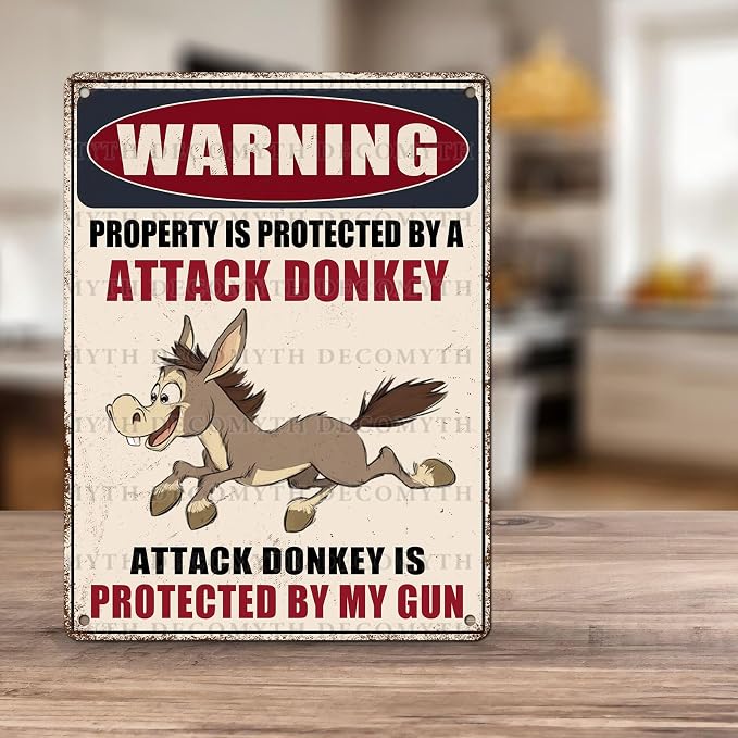 Metal Tin Sign Vintage Retro Wall Decor Warning Beware of Donkey Property Is Protected By a Attack Donkey Funny Tin Sign for Home Backyard Garden Patio 12 * 16inch