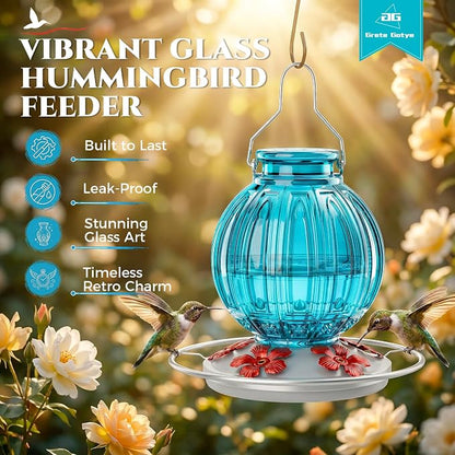 2 Pack Glass Hummingbird Feeder for Outdoors Hanging, Bird Nectar Feeder with Perch & 5 Flower Feeding Ports, 26 Oz Leak Proof for Outside Garden Decor Backyard, Gifts for Women Mom, Red + Blue