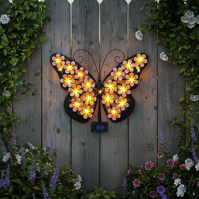 Solar Lights Outdoor Metal Butterfly Wall Decor with 30 Led - 13.5" Outdoor Fence Wall Art,Hanging Decoration for Garden Patio Porch Yard,Gifts for Women,Birthday Gifts for Mom Grandma