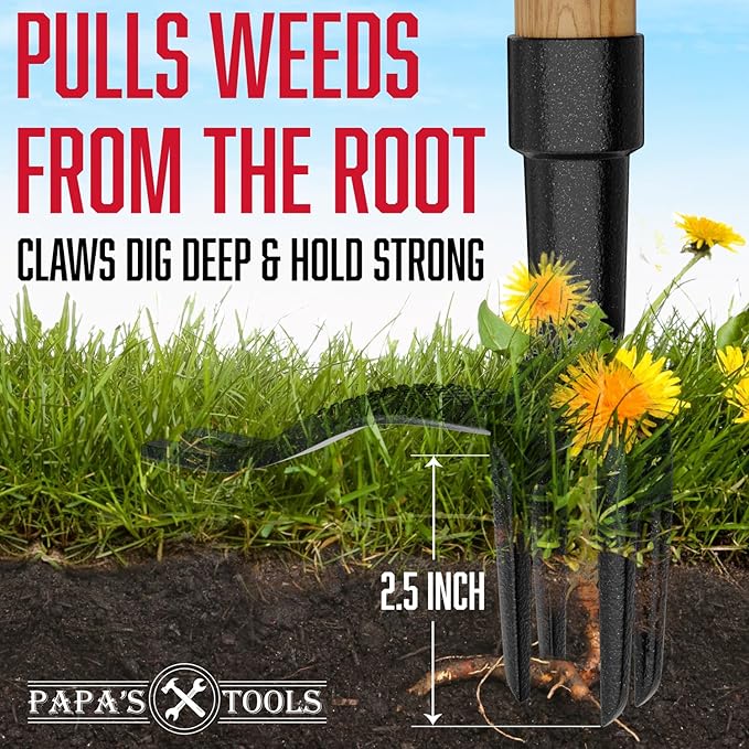 MELISSA AND HARRY Papa's Tools Weeder - Stand Up Weed Puller Tool Made with Long Wooden Handle - Real Bamboo & 4-Claw Steel Head (Natural / 3PC)