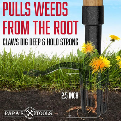 MELISSA AND HARRY Papa's Tools Weeder - Stand Up Weed Puller Tool Made with Long Wooden Handle - Real Bamboo & 4-Claw Steel Head (Natural / 3PC)