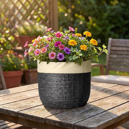 8 Inch Planter - Ceramic Pots for Plants with Drainage Hole and Plug, Round Unique Flower Pots for Indoor Plants, Boho Decorative Plant Pot, Apartment Decor, Gardening Gifts for Women, Black