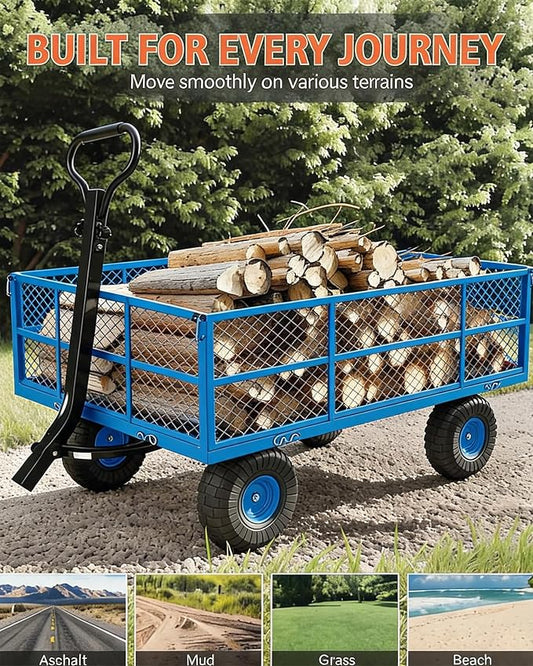 Garvee Steel Garden Cart, 1200 LBS Capacity Utility Outdoor Wagon, Heavy Duty Mesh Garden Wagon with Removable Sides, 2-in-1 Handle, 13" Tires for Yard, Lawn, Garden