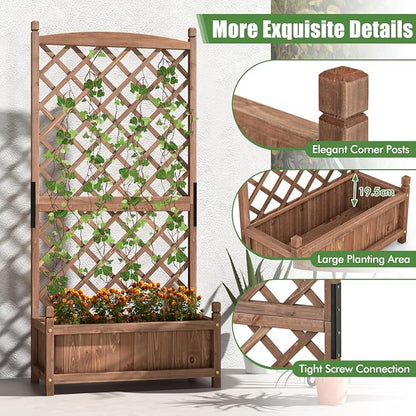 HAPPYGRILL Raised Garden Bed with Trellis, Large Planting Box w/Drainage Holes, 60” Wooden Garden Planter w/Diamond Lattice Trellis for Climbing Plants, Outdoor Planter Box for Patio (2, Coffee)