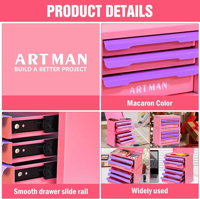 Metal Tool Box with Sliding Drawers, 5-Drawer Desktop Tool Box, Small Steel Tool Chest, Portable Benchtop Toolbox for Jewelry & Office DIY Pink-Purple