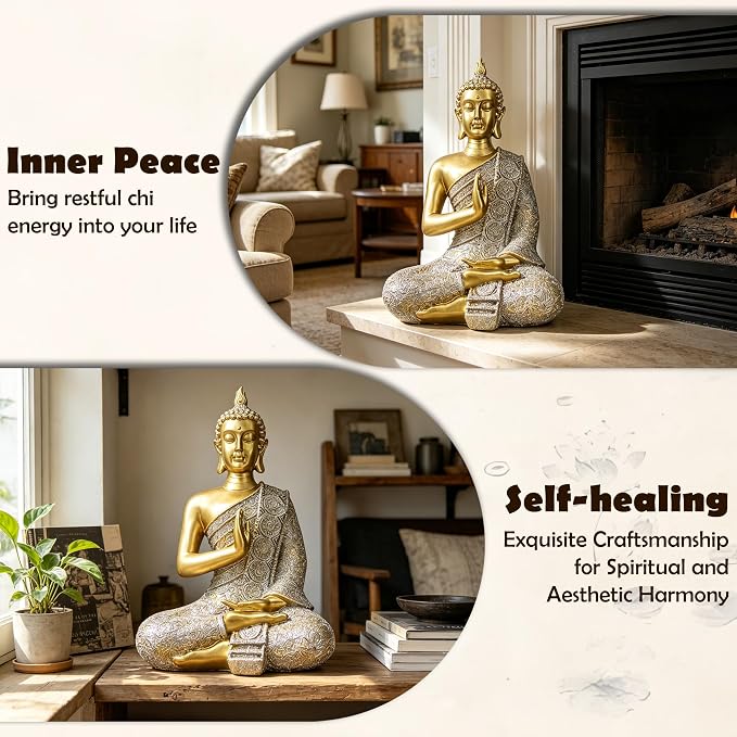 Gold Buddha Statue Gold Decor Meditation Gifts Indoor Statue for Zen Art | YOUERDA; Buddha Statues Yoga Meditation Room Home Decor Indoor, Buddhist Art Zen Sculptures Gifts for Mom