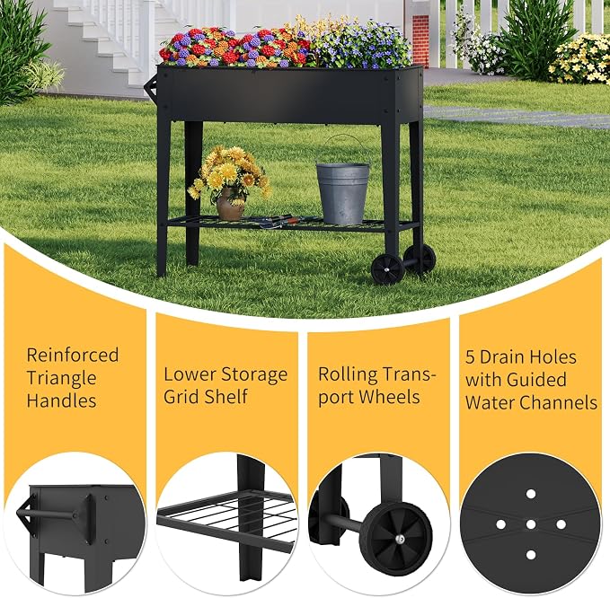 31.9" Tall Mobile Raised Garden Bed on Wheels, Metal Elevated Planter Box with Handles, Lower Storage Shelf & 5 Drain Holes for Vegetables Herbs Flowers,Garden Patio Balcony Backyard Garage