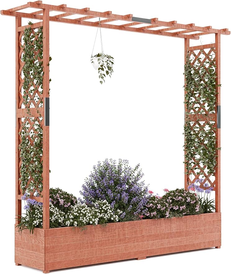 Garvee Raised Garden Bed with Trellis & Hanging Roof, Wood Planter Box with Bottom and Drainage Holes, Freestanding Garden Planter for Flower Vegetable Fruit Herb Climbing Vines, 77“x17“x72“