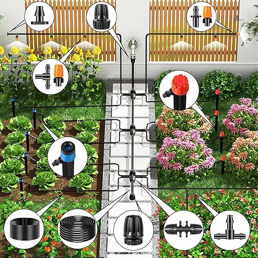 260FT Drip Irrigation System Kit, Automatic Drip Irrigation Kit with 1/2 inch Hose 1/4 inch Distribution Tubing and Accessories for Greenhouse, Yard, Lawn